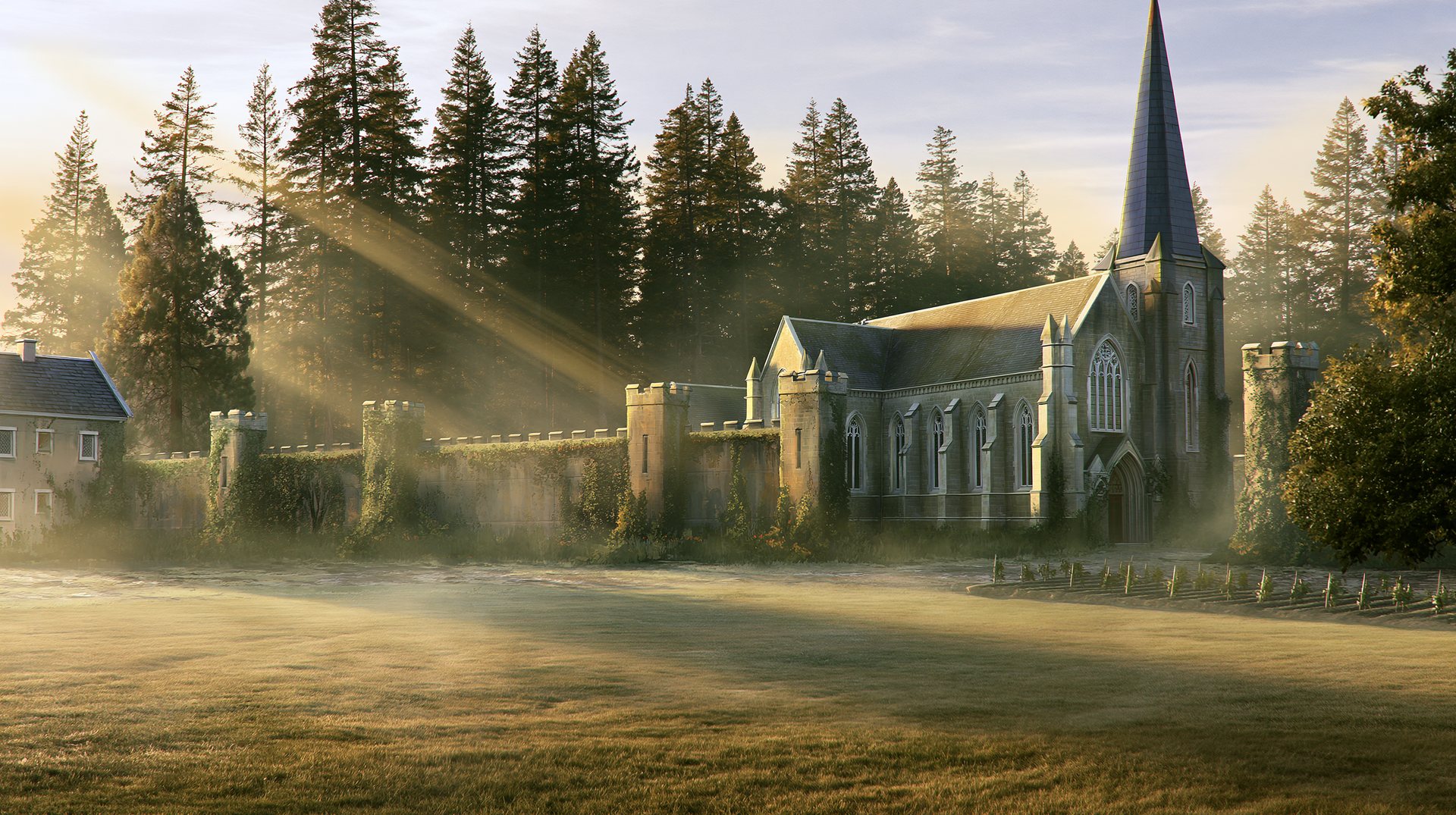 Battle backdrop: the fort-church grounds at dawn.
