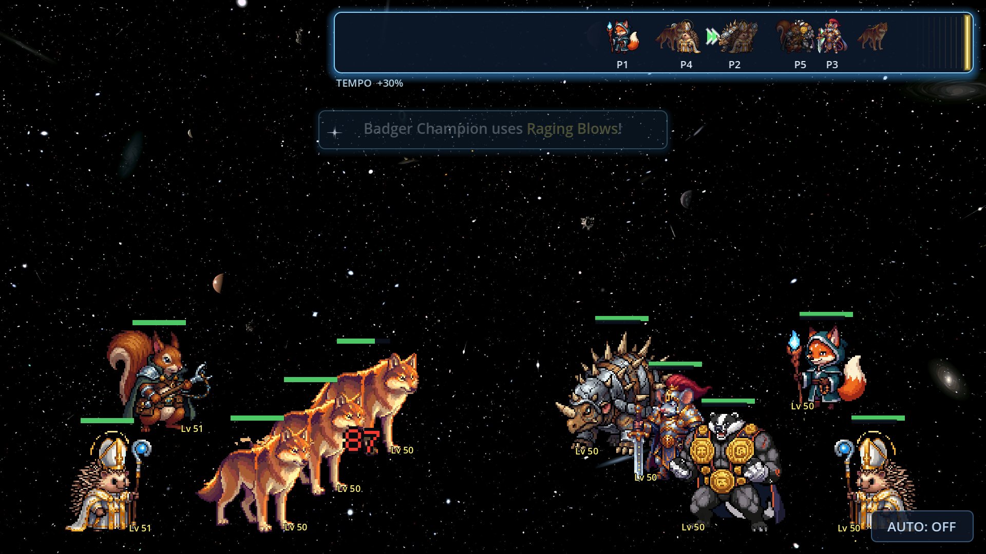 Badger Champion commits to Raging Blows; damage lands as a floating pixel popup.