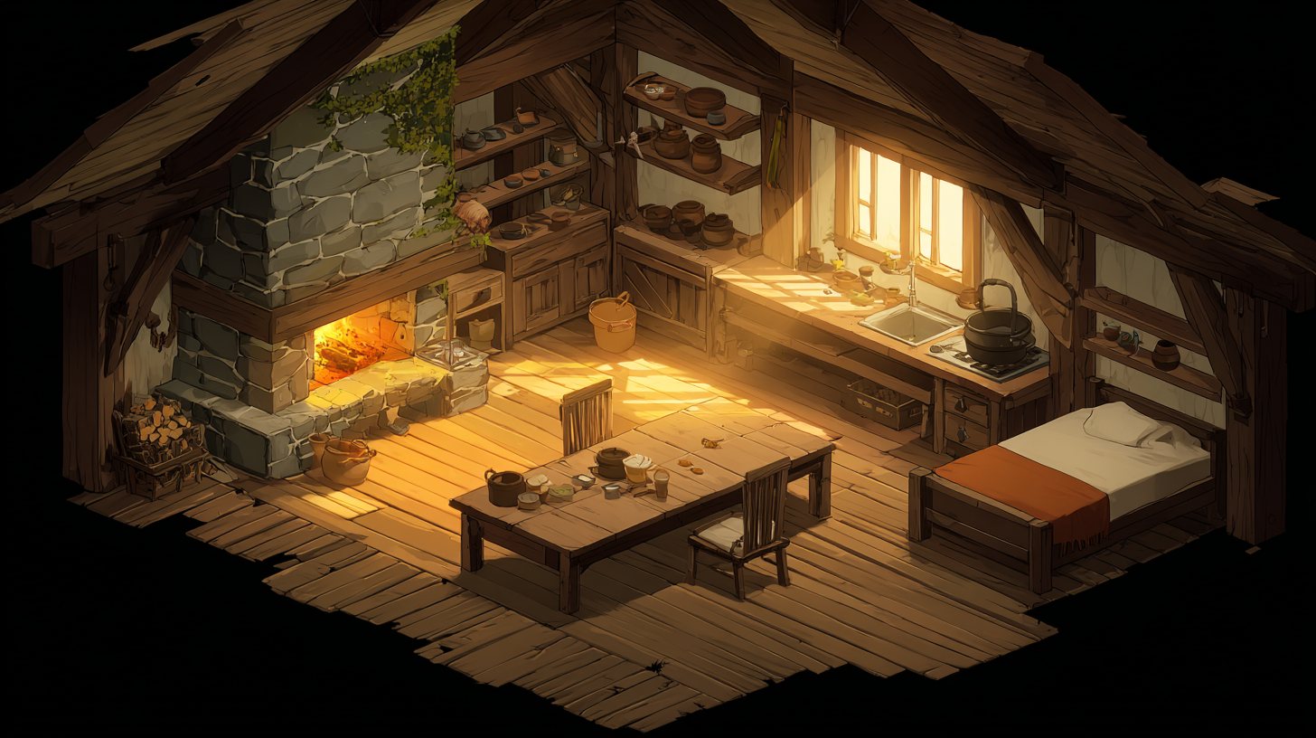 The farmhouse interior, opening scene of the game.