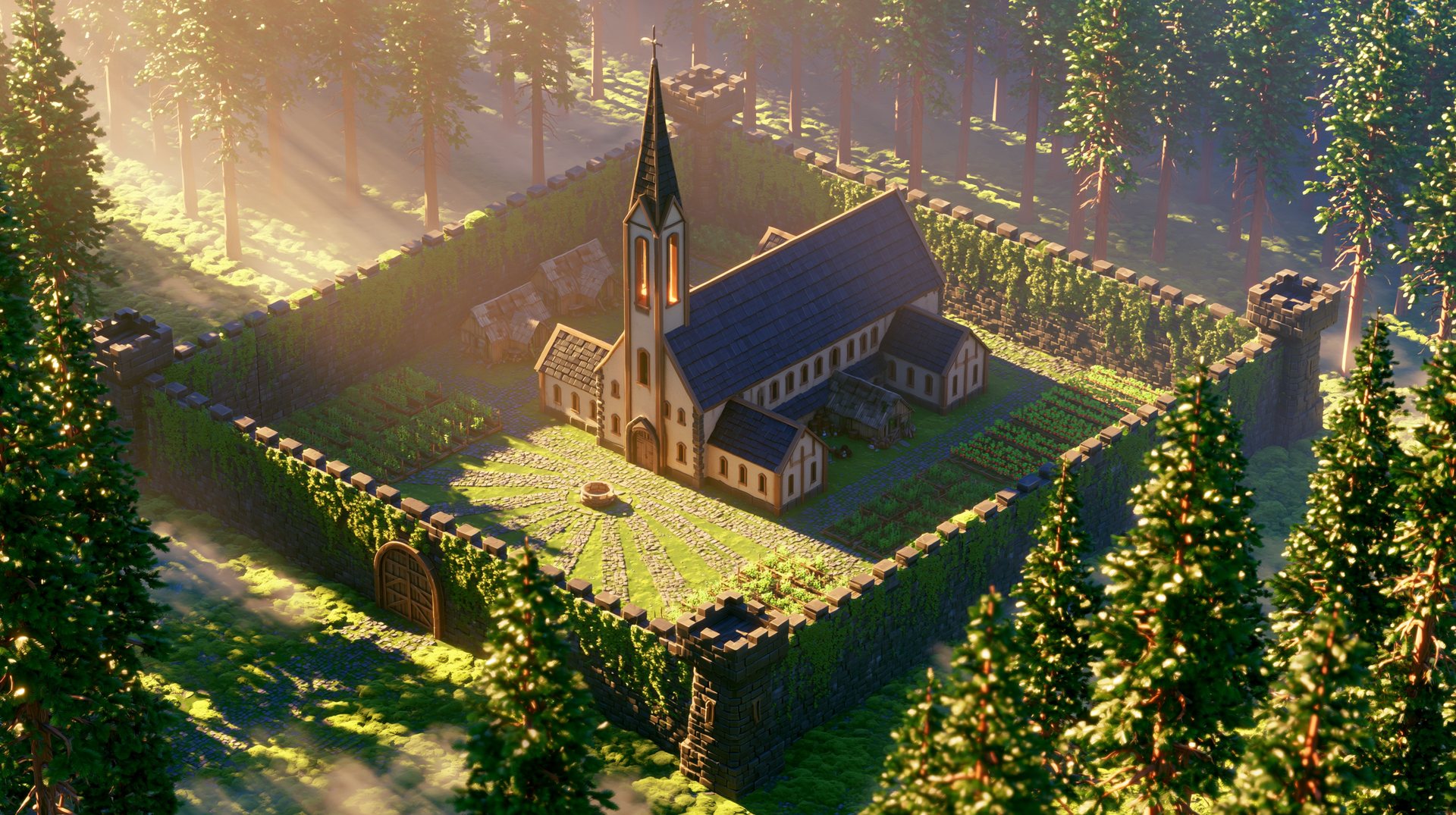 The woodland fort-church — the slice's raidable stronghold.