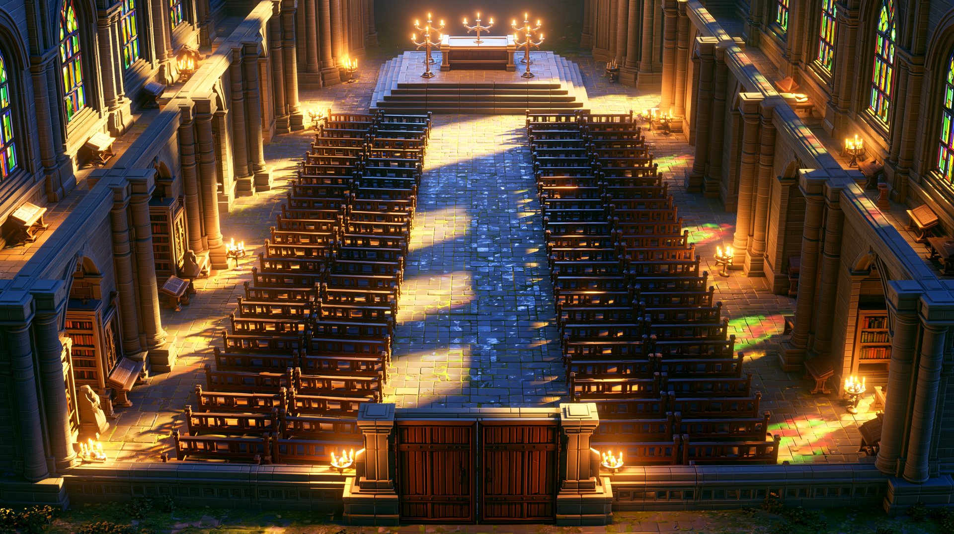 Inside the fort-church — the stronghold's inner chamber.