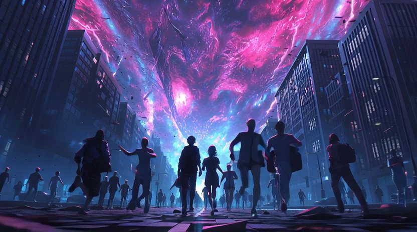 Prelude frame: a seam tears open over a city and the street empties.