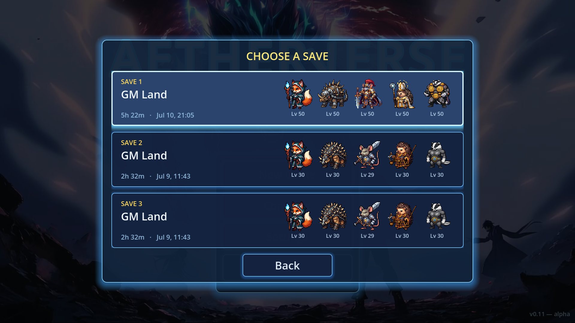 Save select: every slot previews its five-Aether party.