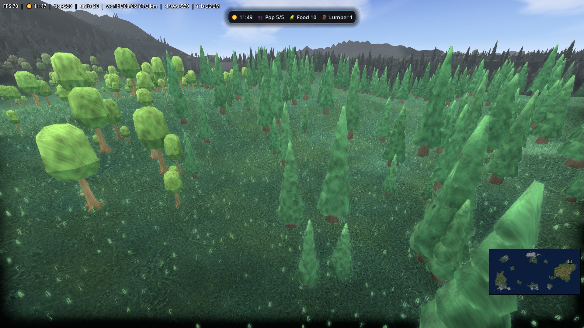 Mixed stands run to the mountains: every tree is a real simulated tree.