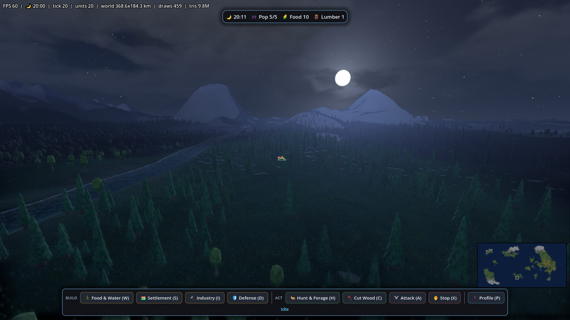 Night is ten percent of the day: moon over snow peaks while the camp sleeps.