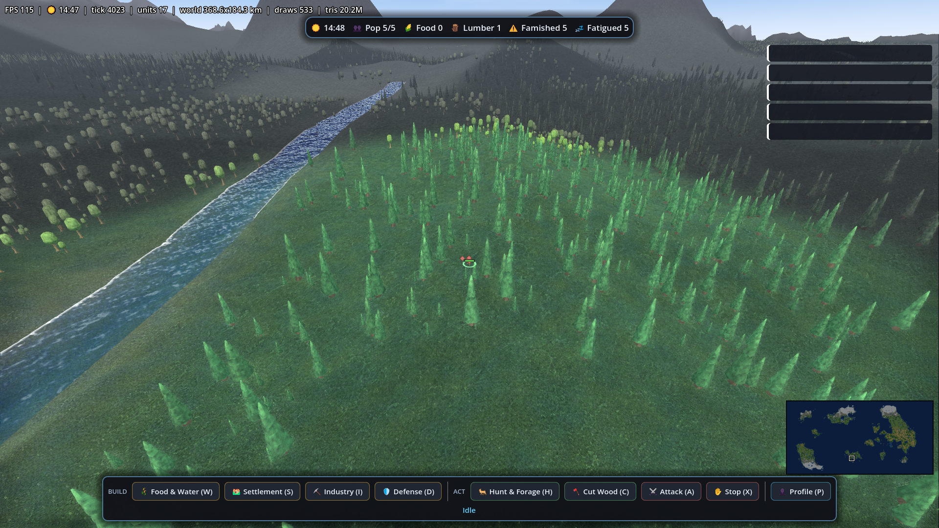 A trunk river cuts the forest in half — wide enough that nothing walks across it.