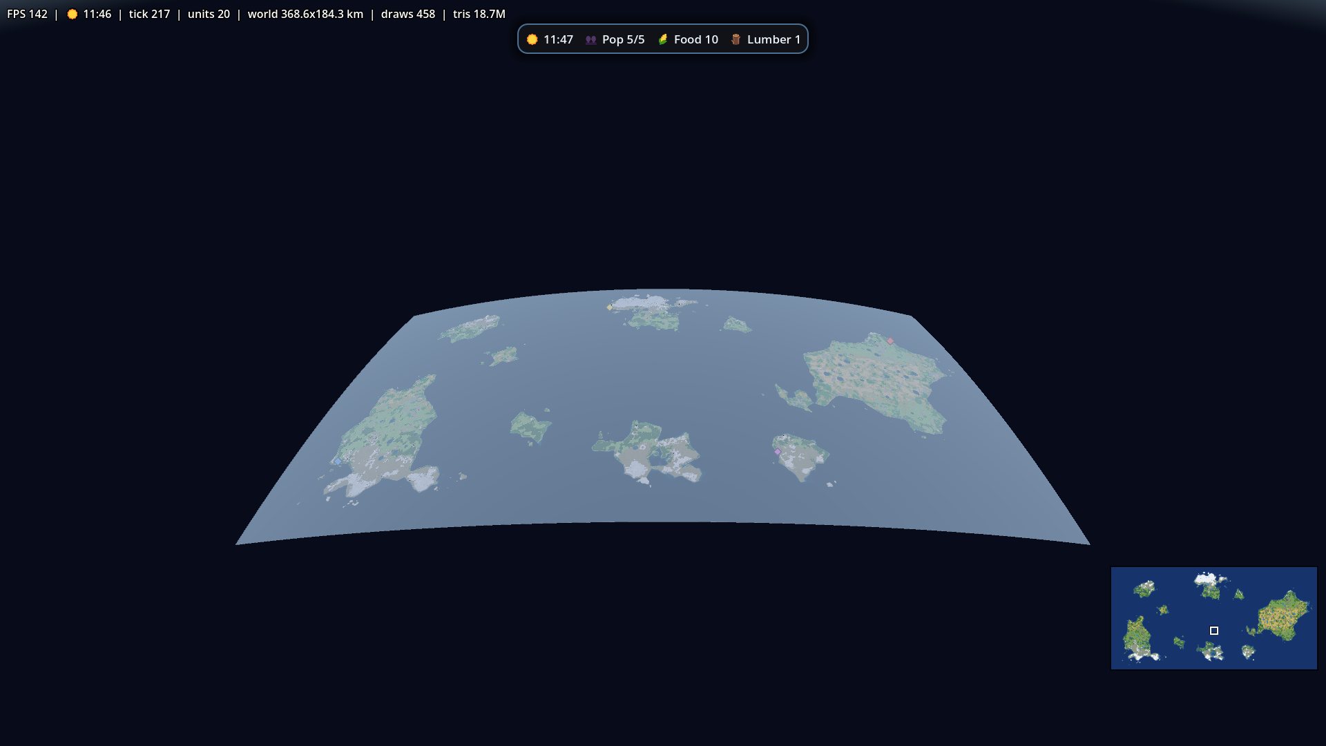 The whole 368 x 184 km map, curving away under a real horizon.
