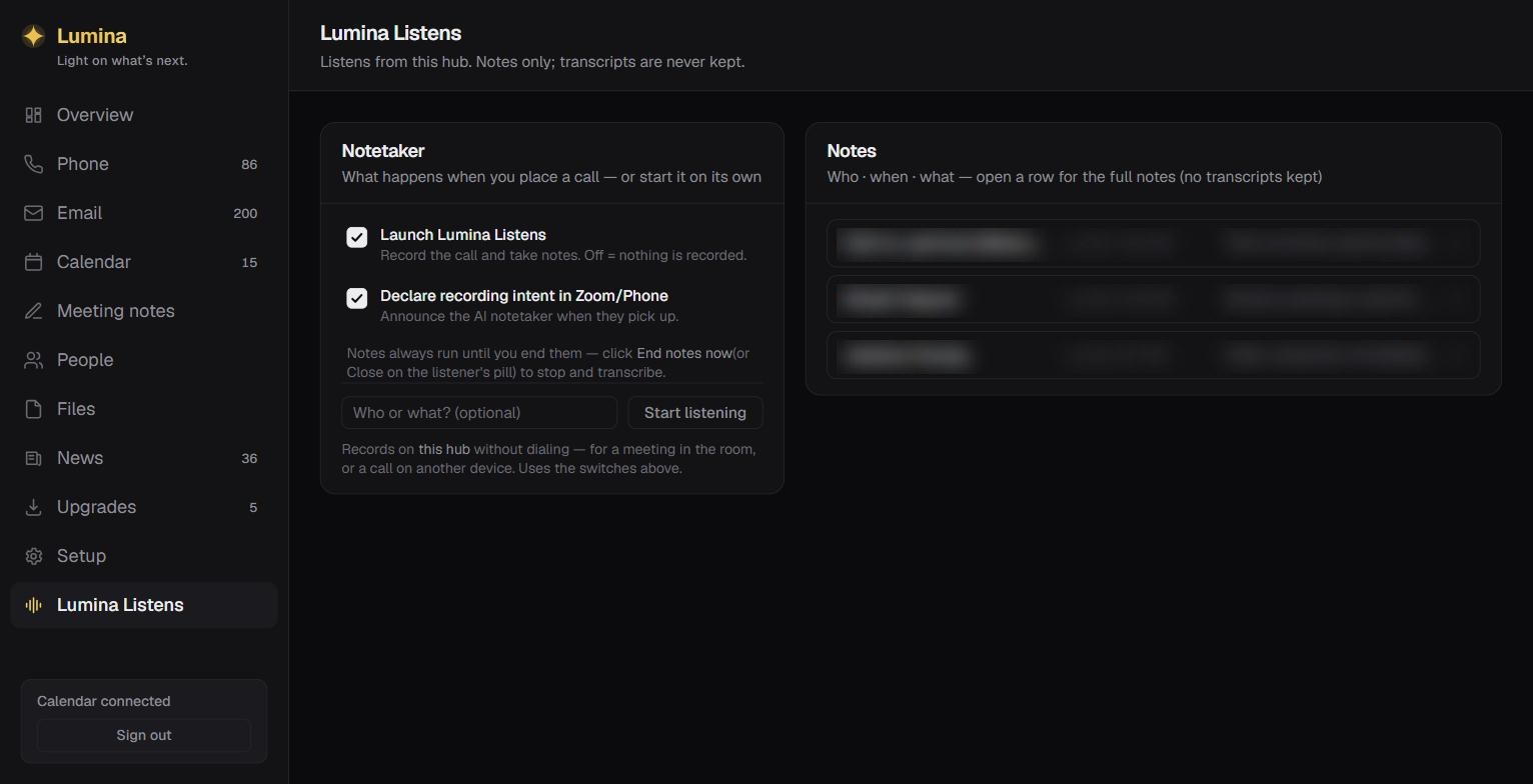 Lumina Listens — notes only, never transcripts (names blurred)